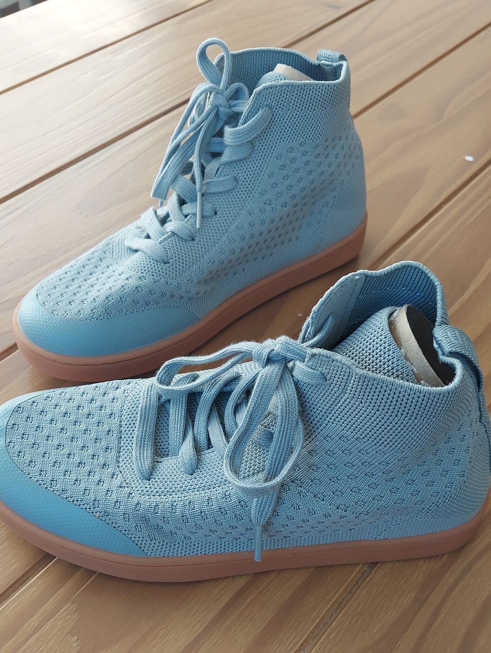 Suavs Light Blue Grey Knit High-Top Sneakers with Pink Gum Sole